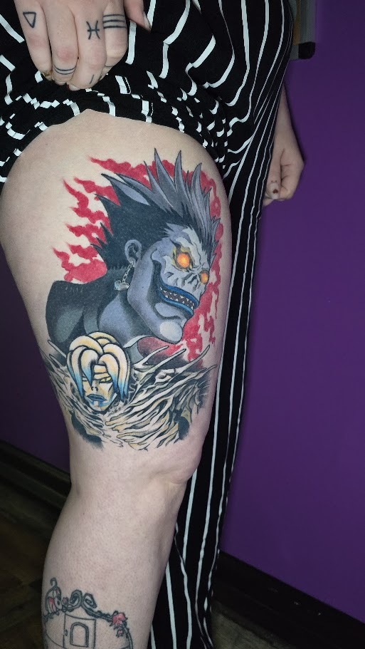 Full color Death Note thigh tattoo by Billy Smith