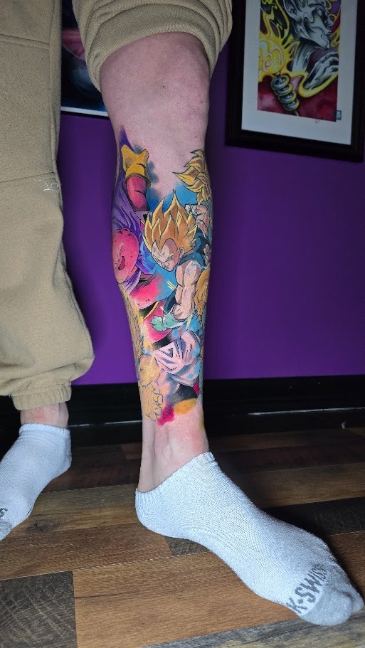 Front view of a full color Dragon Ball Z leg sleeve by Billy Smith