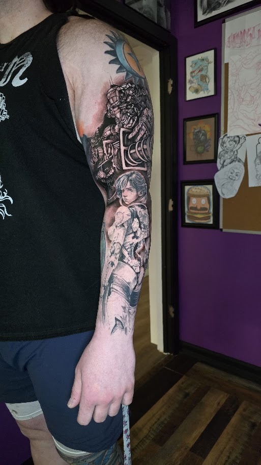 Black and grey manga and mecha sleeve tattoo by Billy Smith