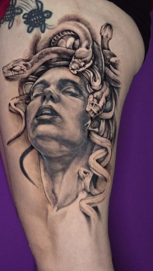 Black and grey Medusa thigh tattoo by Billy Smith