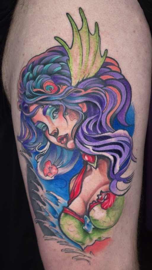 Full color mermaid thigh tattoo by Billy Smith
