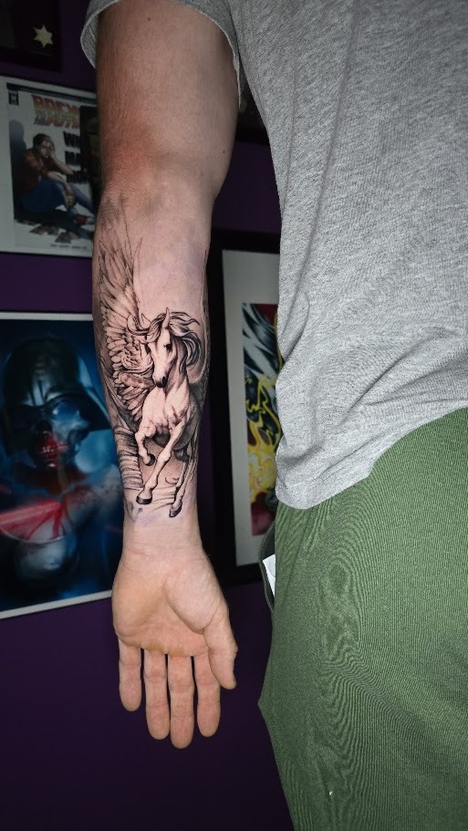 Fine line black and grey Pegasus forearm tattoo by Billy Smith