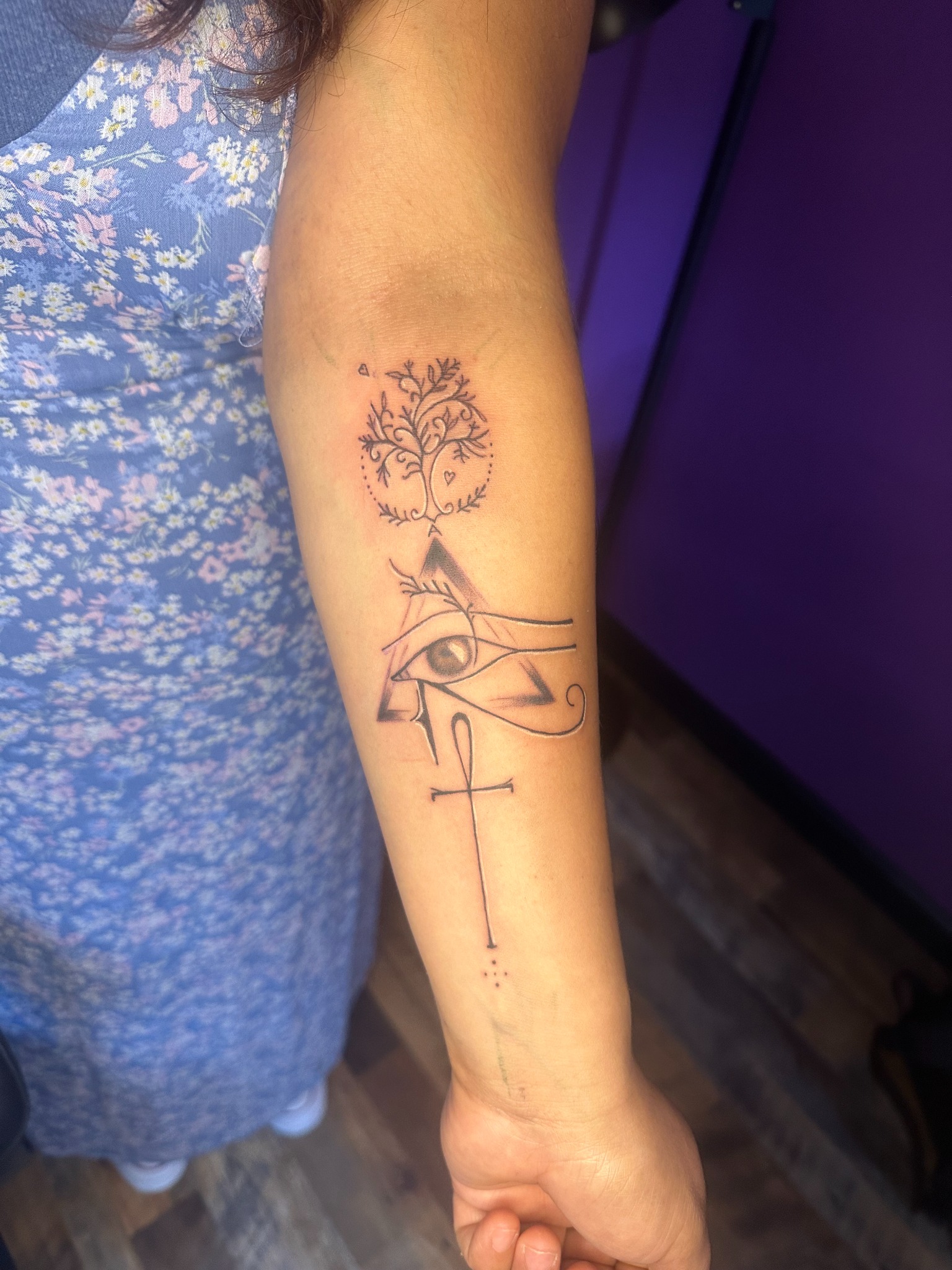 Fine line Egyptian eye and ankh forearm tattoo by Blady