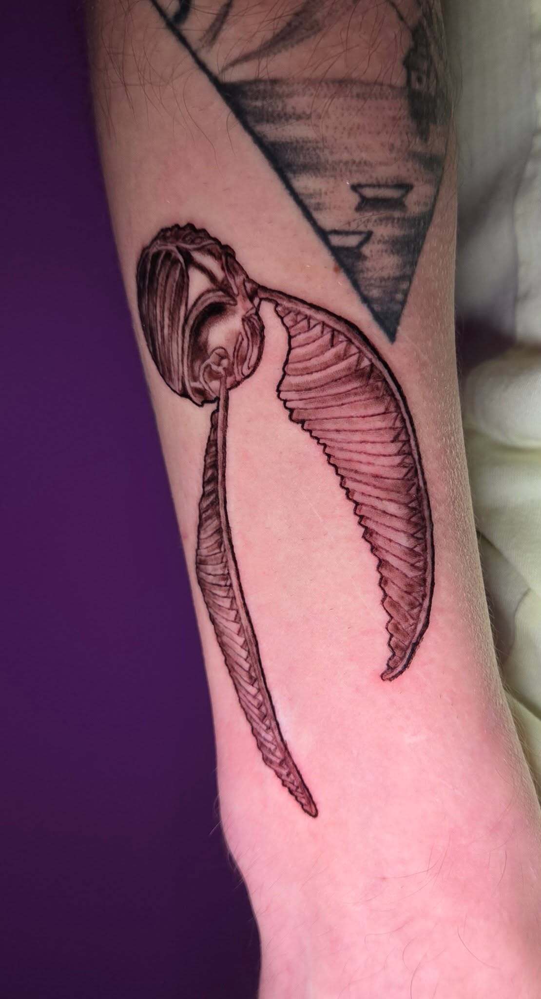 Fine line biblically accurate angel forearm tattoo by Cherae