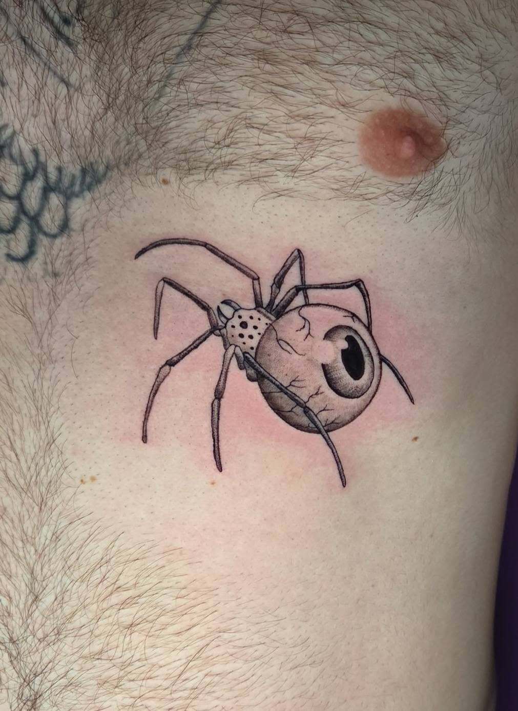 Black and grey spider with an eyeball tattoo by Cherae
