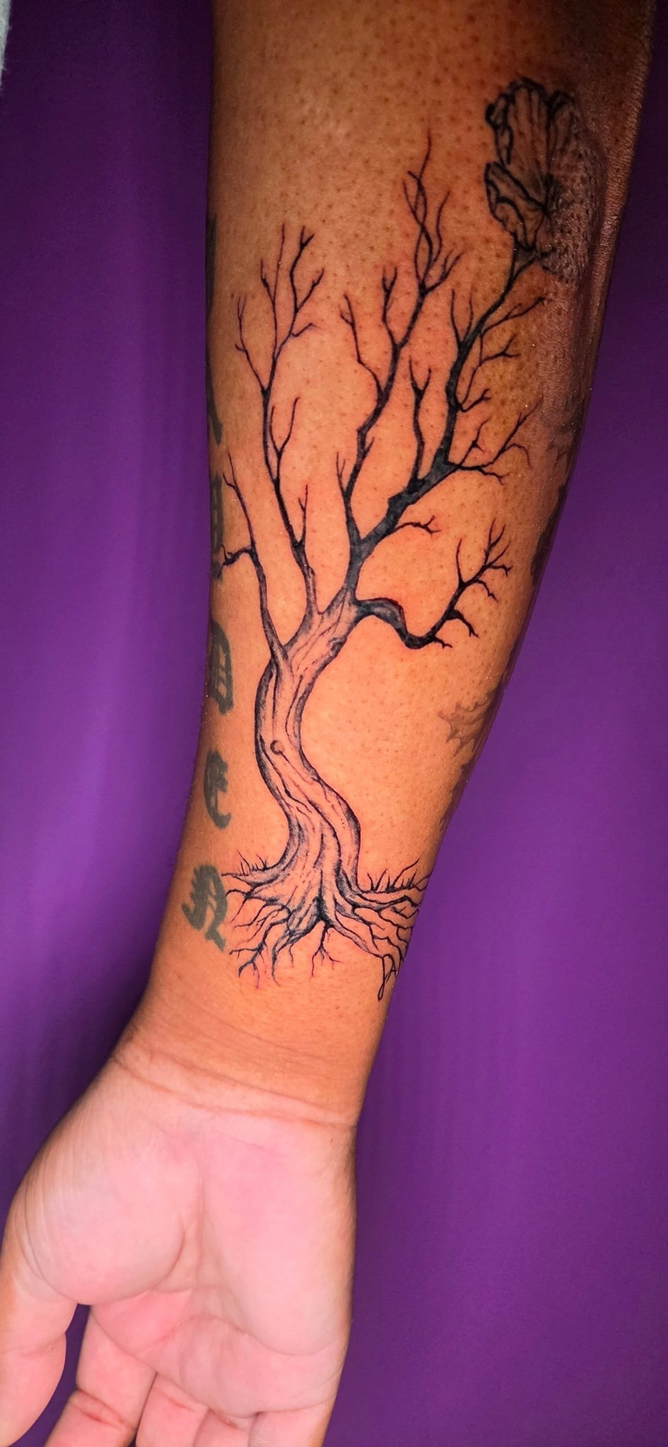 Fine line bare tree forearm tattoo by Cherae