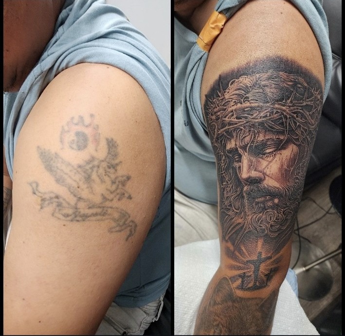 Before and after view of a black and grey Jesus portrait cover-up tattoo by Miguel Ramos